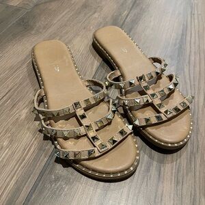 Studded Tan Leather Slide Sandals - Women's